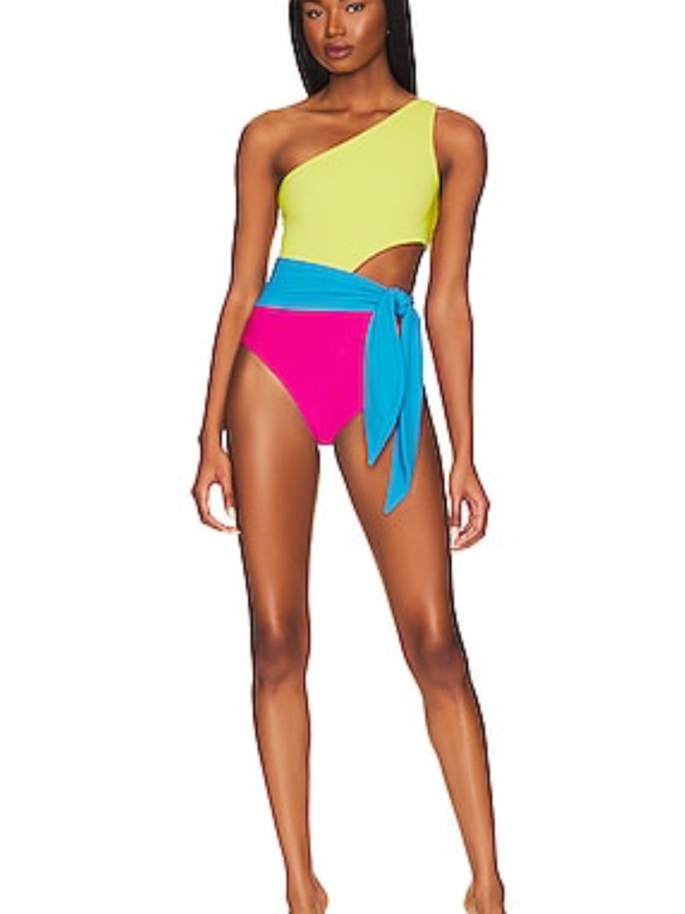 Beach Riot Neon Colorblock One-Shoulder Swimsuit in Hot Pink, Lime & Turquoise